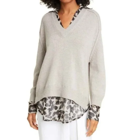 BROUCHU WALKER Layered Leopard Animal Print Sweater Sz LARGE Cashmere Wool - Picture 2 of 9